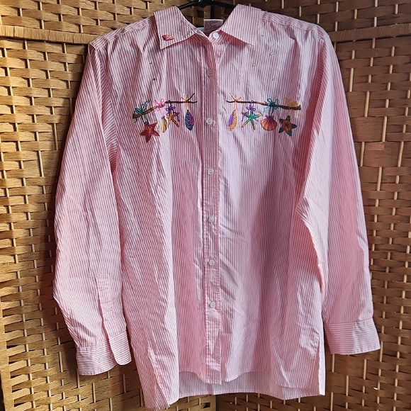 Quacker Factory Tops - Quacker Factory, Womens Summer Artsy, Pink Striped Embroidered Beach Shells Sz M